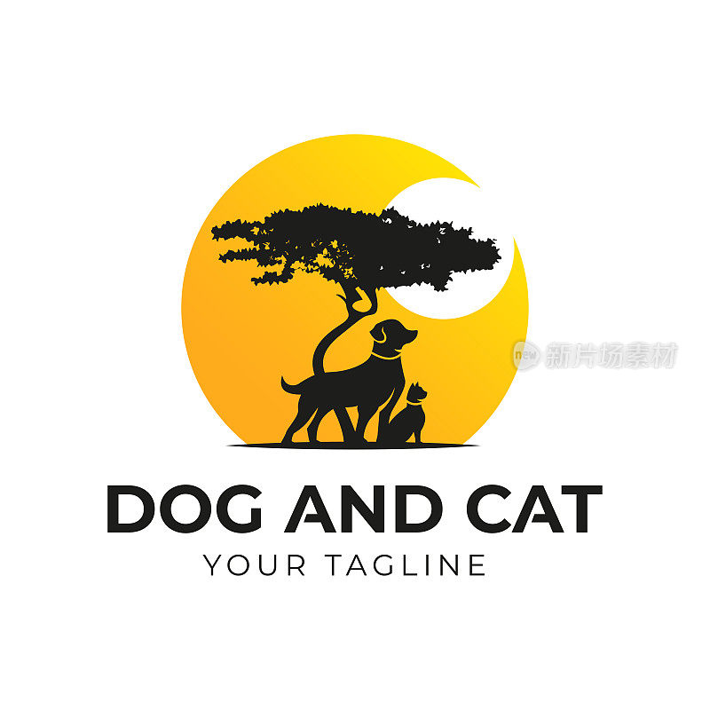 金合欢树与狗和猫剪影狩猎冒险。Sunrise Logo设计矢量